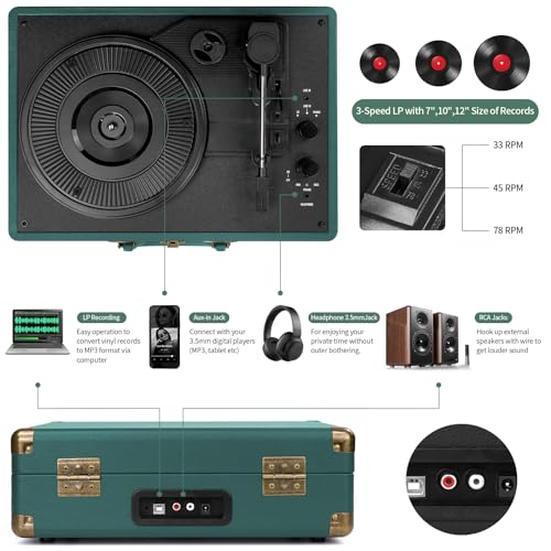 Image of Vinyl Record Player Bluetooth Turntable 3-Speed Suitcase Portable Vintage Belt-Driven Record Player with Speakers RCA Line Out AUX in Headphone Jack