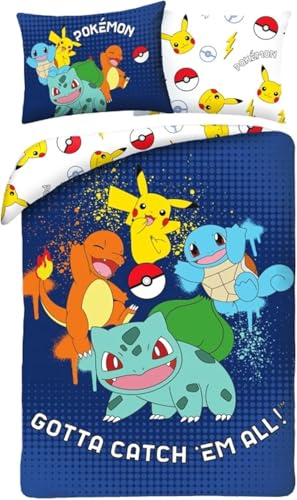 Parure de Lit Pokemon Catch Them All, Housse de Couette Bleue 140x200 cm + Taie d'oreiller 65x65 cm, avec Pikachu, Salamèche, Bulbizarre et Carapuce