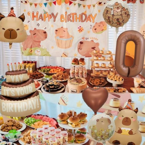 Image of Capybara Birthday Foil Balloon Set, 8-Piece Party Decor (0) | Reusable foil balloon set with capybara, cake,number . Perfect for birthday, baby shower, gender reveal & themed parties