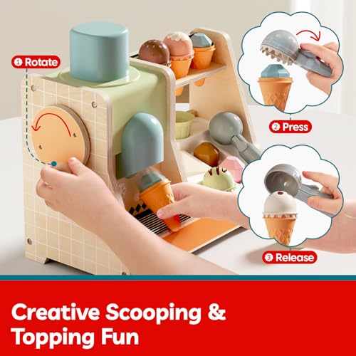 TOP BRIGHT Wooden Ice Cream Pretend Play Toys, Play Kitchen Set for Kids with Ice Cream Counter & Scoop & Menu, Montessori Toys for Boys Girls Capybara Gift Age 3+ by TOP BRIGHT - Image 7