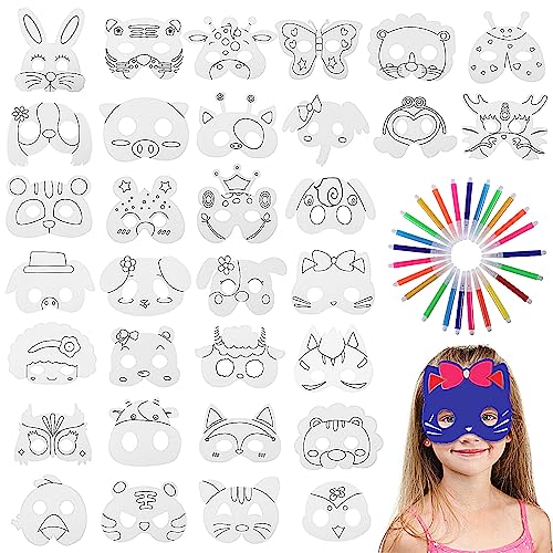 TOYANDONA 32pcs DIY Animal Masks - Farm, Jungle & More with 24pcs Watercolor Pens for Kids Birthday & Halloween