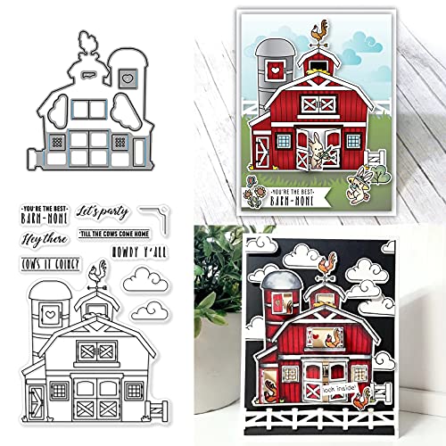 Stamp and Cutting Dies Set for DIY Craft Scrapbooking Card Making Friends Greetings Village Farmhouse Barn Home