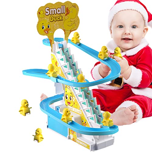 Qepakui Enten-Gleitspielzeug mit Treppe | Weihnachtliches Tier-Klettertreppen-Spielzeug mit Enten,Weihnachts-Achterbahn-Spielzeugrutsche mit LED-Lichtern und Musik Cover