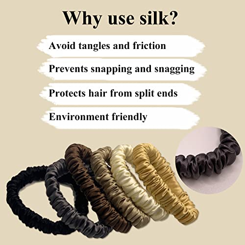 Image of VLOMOT 6 Pcs Set 100% Pure Mulberry Silk Hair Scrunchies Silk Hair Ties with 6 Chic Colors Everyday Skinny Scrunchies Silk Ponytail Holders Hair Care No Damage (Chocolate)