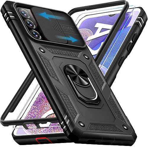 Giyer für Samsung Galaxy A23 Hülle mit Schutzfolie Handyhülle Galaxy A23 5G mit Kameraschutz Kartenschlitz 360 Metall Ring Ständer Stoßfest Bumper Schutzhülle für Samsung A23 Case Cover (Schwarz)