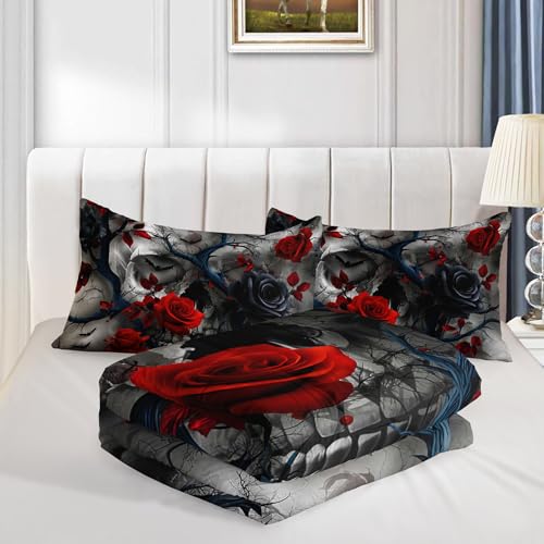 Image of QOOMO Red Flowers Kids Bedding Set,Plants Print Comforter Set Queen Size for Boys Girls Teen Room Decorat,Soft Lightweight Bed Set All Season,1 Comforter 2 Pillowcases