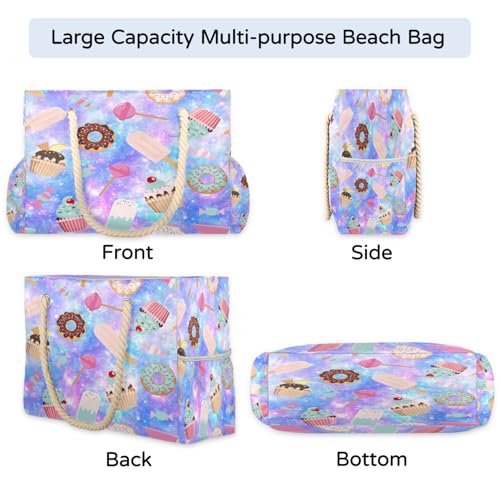 Fantasy Cakes Beach Bag for Women Waterproof Sandproof Tote with Zipper Cotton Rope Handles for Travel Pool Gym Shopping4
