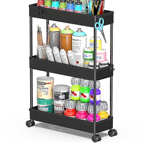 SPACEKEEPER Slim Rolling Storage Cart, 3 Tier Bathroom Storage Organizer Laundry Room Utility Cart Mobile Shelving Unit, Multi-Purpose for Kitchen Office Bathroom Laundry Narrow Places, Black