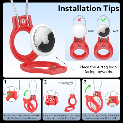 Image of Meliya at Holder for Apple at Secure Holder with Wire Cable, 4 Pack Air Tag Lock Case Keychain Key Ring Key Chain Luggage Tag for Keys, Luggage & More - Red