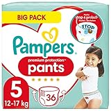 Pampers Baby Windeln Pants Größe 5 (12-17kg) Premium Protection, Junior, BIG PACK, mit Stop- und Schutz Täschchen, 36 Höschenwindeln