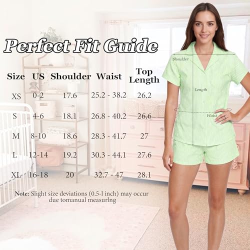 Image of Ammiko Womens Pajamas Set Y2k Loungewear Pajama Button Down Top and Shorts Monkey Beach Short Sleeve Preppy Sleepwear Green Stripe XS