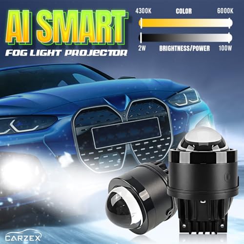Image of Carzex 3 Inch Projector Fog Light Ai Laser App Controlled Tri Color Projector Fog Light with Inbuilt LED High /Low Beam 12V (White /Yellow, 5500K) (H8 /H11 Coupler to Coupler Fit)
