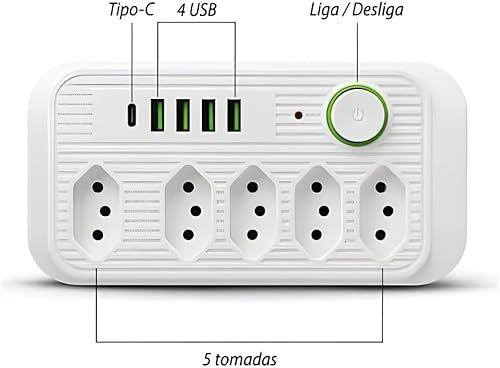 Extensão Elétrica 5 Tomadas, Filtro de Linha, Régua de Energia 4 Portas USB, 1 Porta Tipo-C Cabo 2 M