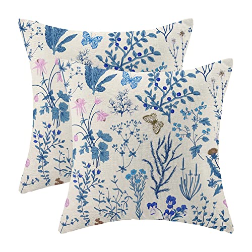 Image of AEIOAE Summer Pillow Covers 18x18 Inch Set of 2,Blue Wild Flower Plant Throw Pillows Case,Seasonal Floral Outdoor Decorative Square Linen Farmhouse Decor Cushion Covers for Home Sofa Bed Couch