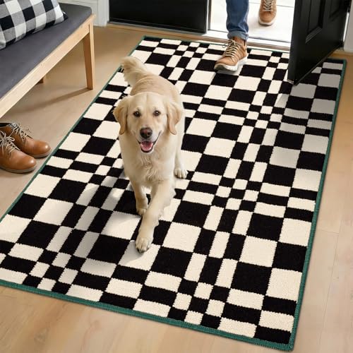 Biscpro Checkered Grid Dirt Trapper Indoor Doormat,80x120cm Black Door mat