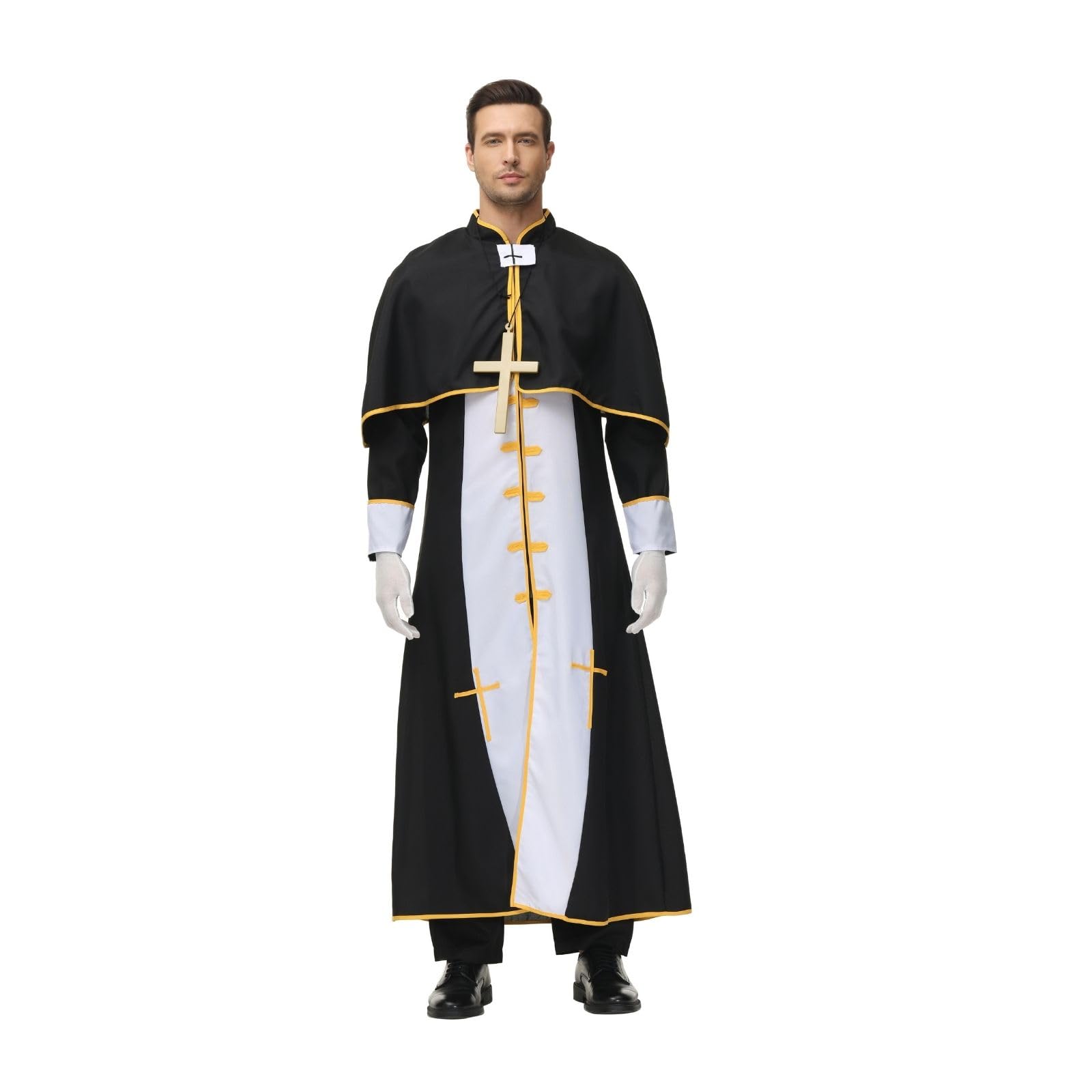 HAPNBCELE Mens Priest Costume Adult Priest Robe Preacher Costume Father Priest Halloween Priest 3 Pcs (Black and White-L)