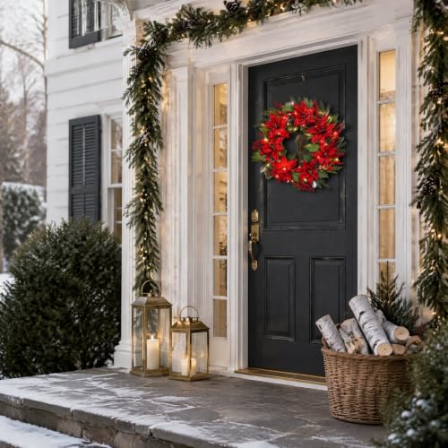 Christmas Wreath with Lights 15.7 Inch Real Touch Red Poinsettia Wreath - image 7