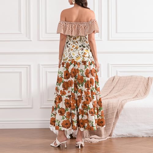 Woman Summer Floral Off Shoulder Long Dress Elastic Ruffled Short Sleeves Maxi Dresses Slim Fit Smocking Dress4