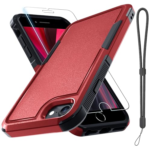 RMOCR Case for iPhone 8/7/SE 2022 2020, with Screen Protector,Military Grade Heavy Duty Shockproof Phone Cover with Wrist Lanyard Strap for iPhone 8/7/SE 2nd 3rd 4.7 inch,Red
