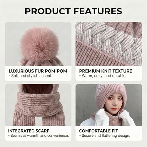 Image of Kraptick Women's Winter Cap and Scarf Set- Thick Fleece Lined Knitted Beanie Hat and Neck Warmer Muffler for Ladies, Stretchable & Soft Woolen Snow Proof for Extreme Cold -6