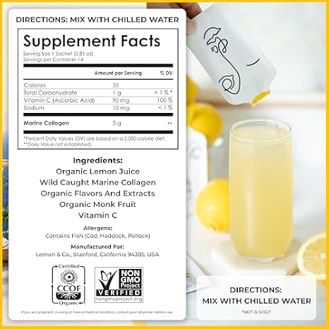 LEMON & CO. 12-Week Starter Kit Bundle Liquid Collagen for Women + Insulated Bottle - 5000mg Marine Collagen Peptides for Skin, Nails, Hair & Gut Health | Organic Lemons, Vitamin C, No Preservatives