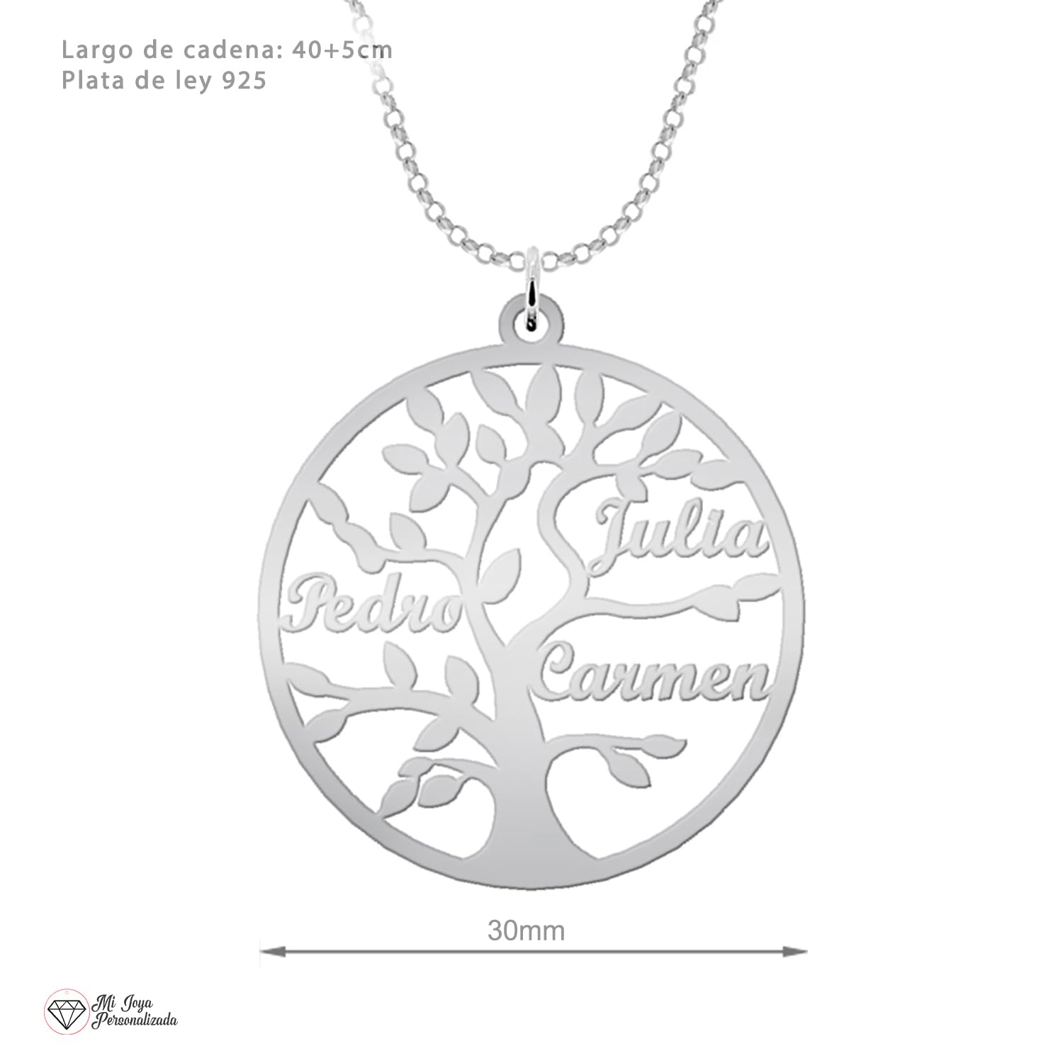 Collar Árbol de la Vida para Mujer Plata de Ley - Colgante Regalo Original para Madres y Abuelas donde incluir Nombres de su Familia, hasta 9 Nombres (3 Nombres)