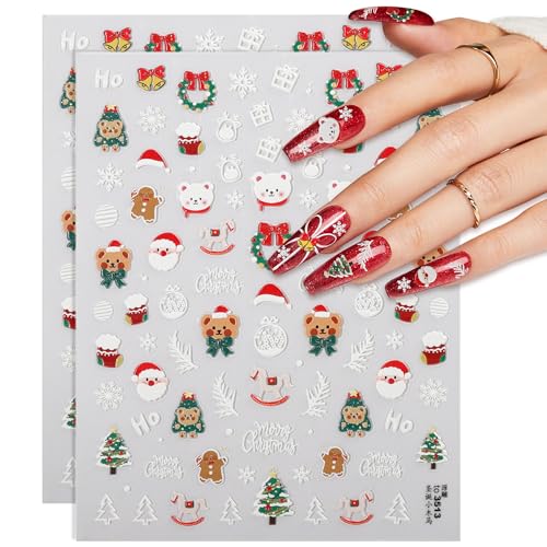 2 Pcs Christmas Nail Stickers for Nail Art 5D Embossed Christmas Nail Decals, Self-Adhesive Christmas Nail Art Stickers for Women Manicure Decoration, Nail Art Design Decoration Supplies, White