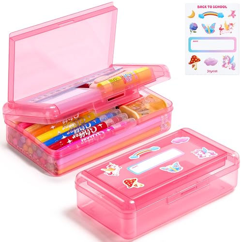 GAMENOTE Plastic Pencil Box with Personalized Sticker Kid Hard Pencil Case with Snap-tight Lid Small Art Craft Storage Containers School Supplies Box for Boys Girls (Double-Layer Pink)
