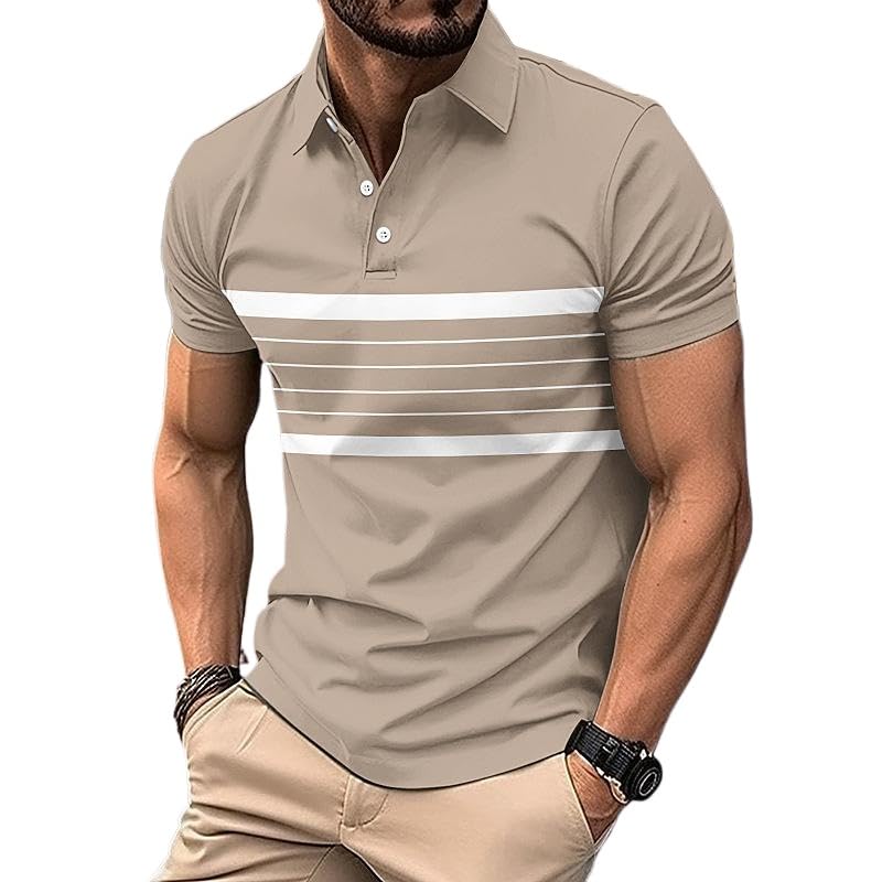 Mens Fashion Color Block Polo Shirts Summer V-Neck Button Striped Versatile T-Shirt2