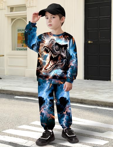 Image of Boys Clothes, T-Rex Print Dinosaur Boy Clothes Fall Winter Outfits Long-sleeved Hooded Sweatshirt Pants 2Pcs Set