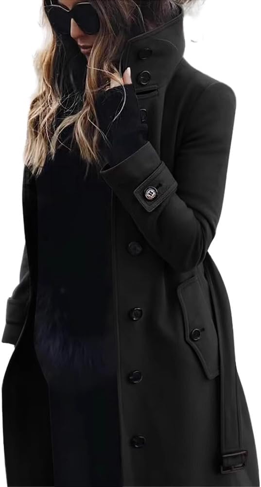Mywinway Wool Coats for Women Fall Winter Peacoat Blazer Jackets Dress Trendy Trench Coat Outwear with Belt
