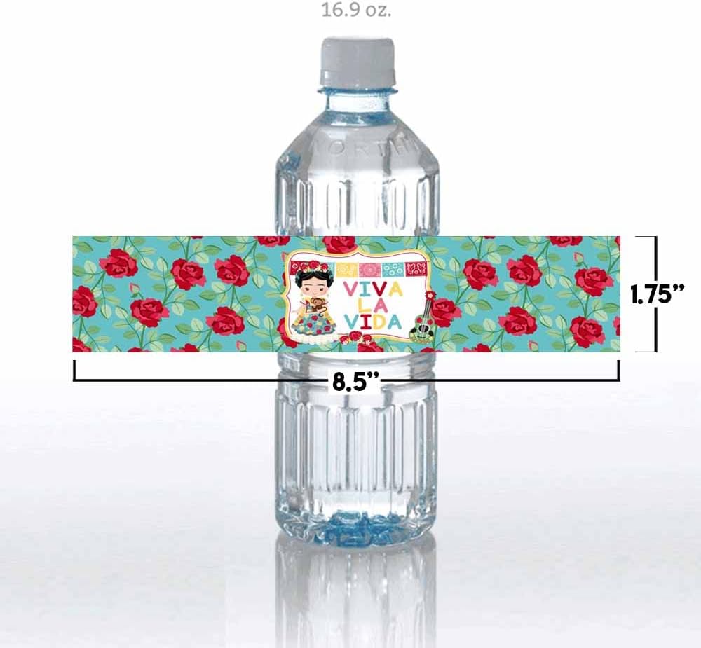 Fiesta Water Bottle Labels, 20 Waterproof Vinyl 1.75 x 8.5 Inch Wraps for Frida Fiesta Birthday Party Drinks, Colorful Mexican Floral Theme, Made in USA by Amanda Creation image 5
