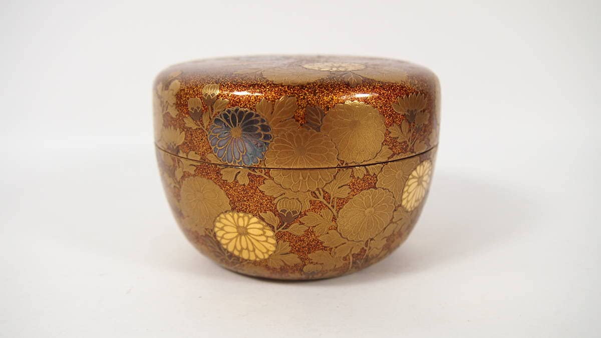 時代 総梨地 菊蒔絵 棗 茶入 菊紋蒔絵梨地棗時代 総梨子地