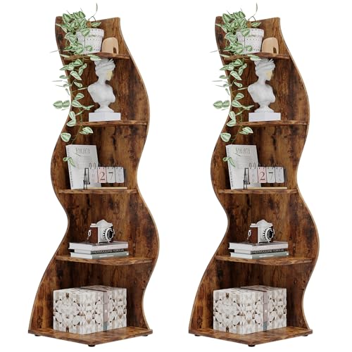 Image of Tribesigns Corner Shelf, Rustic 5-Tier Wall Corner Bookshelf, Stylish Corner Small Bookcase Storage Rack Plant Stand with Unique Shape for Living Room, Home Office (2PCS, Brown)