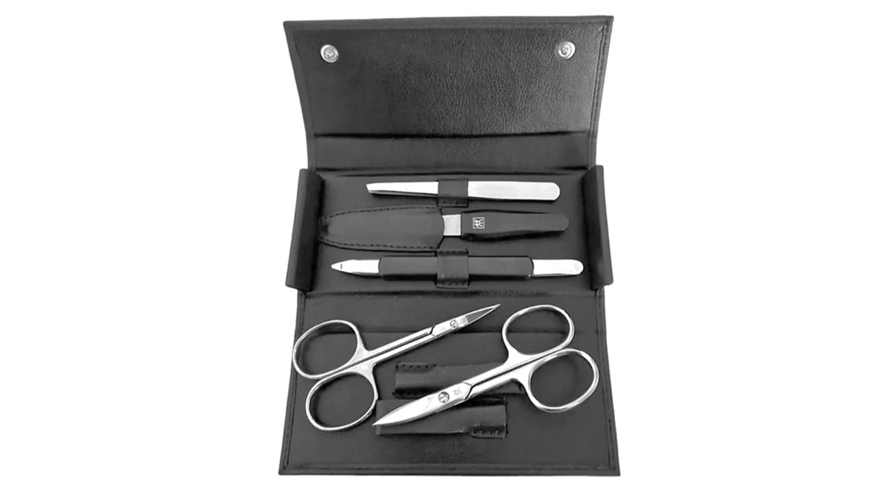 Zwilling – Maniküre Set 5-teilig - Manicure - Nagelschere - Pinzette - Nagelpflege - Druckknopf-Etui - Leder-Etui - 13,8 x 6,5 x 2,5 cm - dunkelgrau