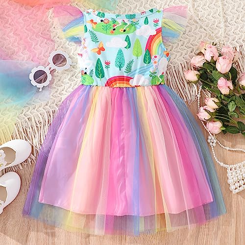 Fashion Princess Girls Short Sleeve Glitter Unicorn MLP Rainbow Tulle Skirt Birthday Party Dress2