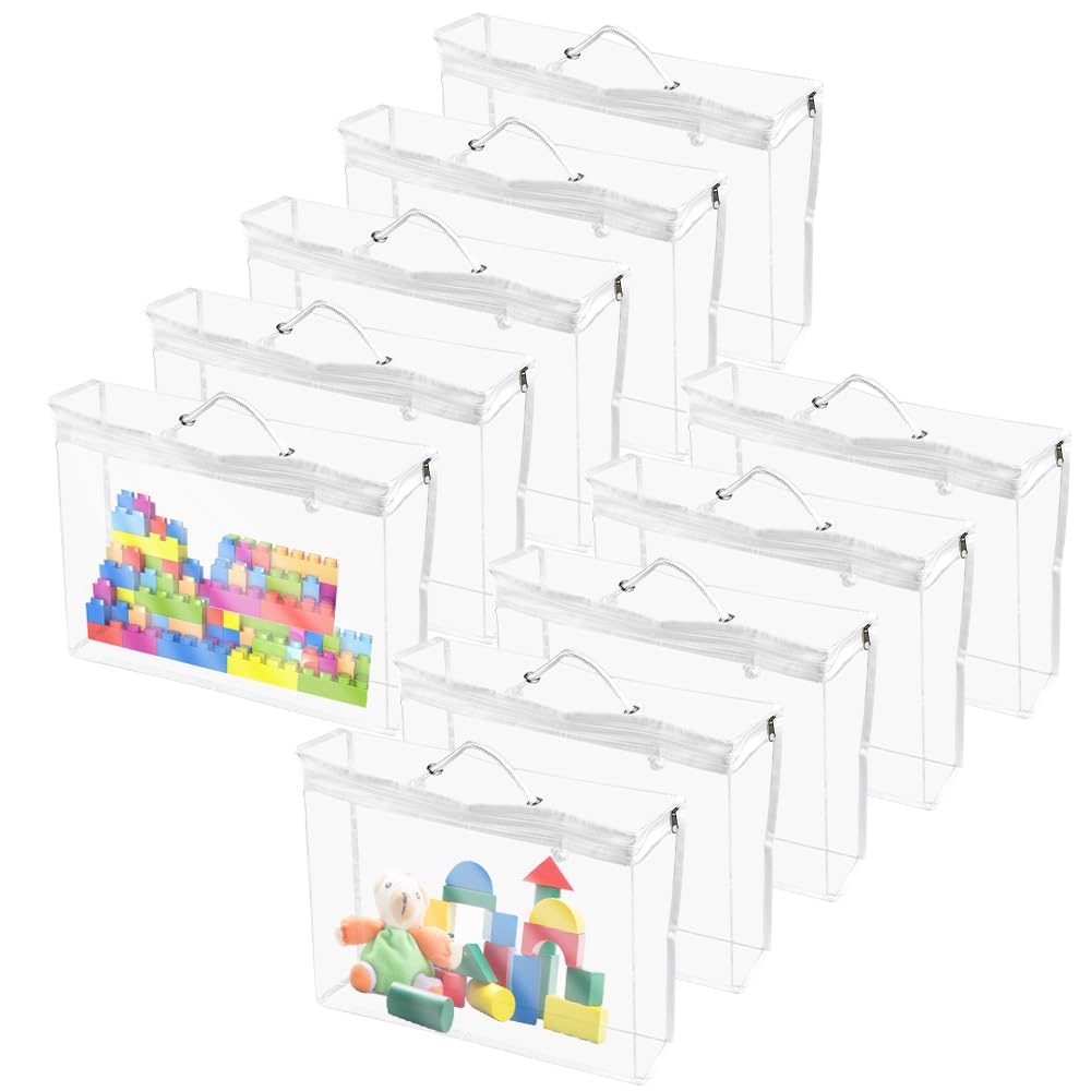 10 PCS Toy Storage Bags 40x30x10cm Clear PVC Toy Organizing Bags Waterproof & Reusable Toy Storage Organiser Zipper Toy Storaged Bag Clear Tote Bag with Handles for Building Blocks Puzzle