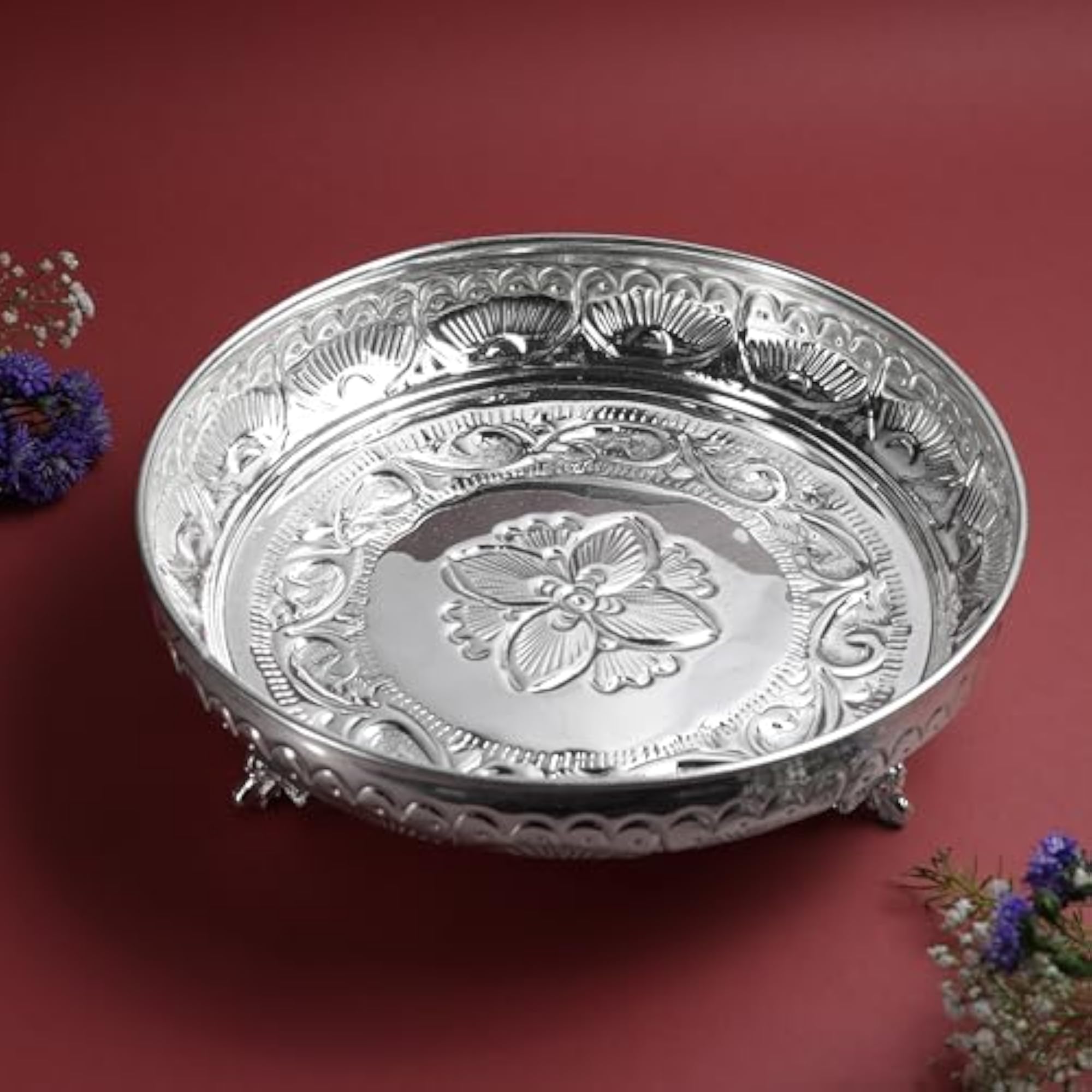 Fruit Elephant Stand Plate for Pooja, Silver Finish Decorative Tray