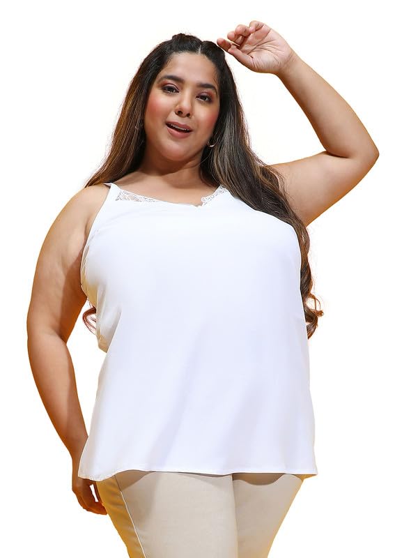 Image of oxolloxo Women Plus Size Soild V-Neck with Lace Detailed Sleeveless Strappy Top
