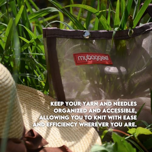 Image of Large 5 Snaps Mesh Travel Knitting Bag with Snap Opening, Lightweight Nylon Storage Pouch for Yarns, Needles and Accessories (Brown)