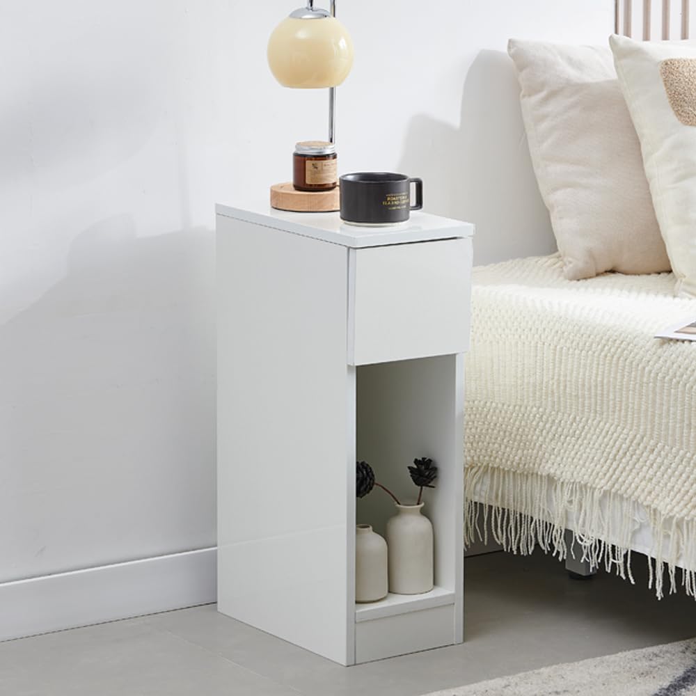 Slim Tall Bedside Table Cabinet High Gloss with Drawer & Storage Space for Bedroom, Narrow Sofa Side Table End Table for Living Room, Nightstand White