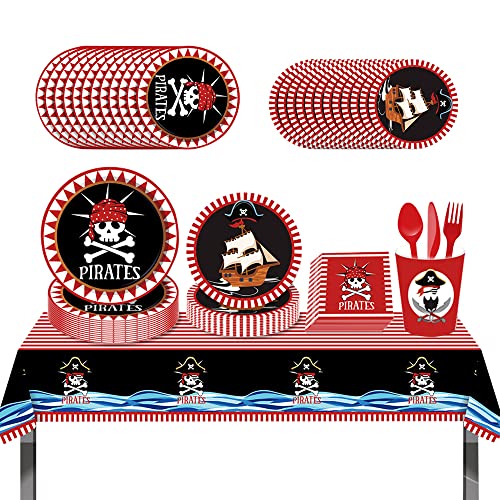 ZOOMPIL Pirate vaisselle, Pirate Fête d'anniversaire Fournitures, kit Vaisselle pour Pirate, Assiettes et Serviettes Pirate Favors, Set de Décoration Thème Pirate 8 Invités