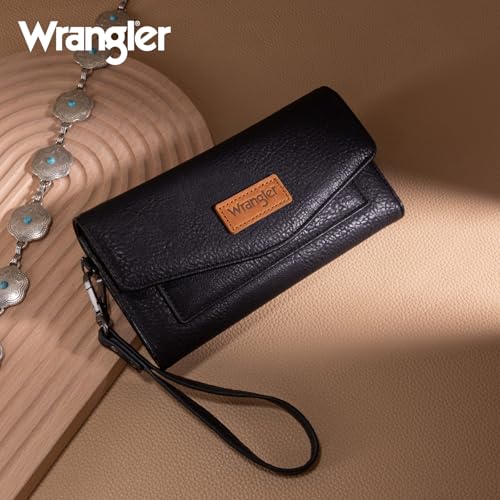 Image of Montana West X Wrangler Black Wallet for Women Large Wristlet Wallet with Rfid Lining Trifold Cash Wallet with Coin Purse and Detachable Wrist Strap