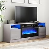 AMERLIFE TV Stand with Fireplace, LED Light Entertainment Center with 36' Electric Fireplace, 70' Modern Wood Entertainment Stand with Highlight Storage Cabinet for TVs up to 80', Grey