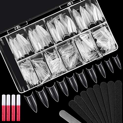 500 Pieces Stiletto Nail Tips Clear Acrylic False Nail Medium Long Fake Nail Tips 10 Size with Box Glue Nail File for Nail Salon DIY Nail