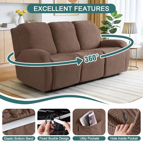 Image of Ruaozz Recliner Sofa Covers Recliner Chair Covers Couch Covers for Reclining Couches with Pockets Washable Furniture Protector with Elastic Bottom (3 Seater, Brown)