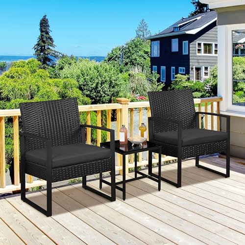 Yaheetech Balkonmöbel Set, Gartenmöbel-Set aus PE-Polyrattan Wetterfest inkl. 2 Stühle mit Sitzkissen & Tisch, 3 Teilig Terrassenmöbel Sitzgruppe Lounge Set für Balkon/Terrasse/Garten, Schwarz 3
