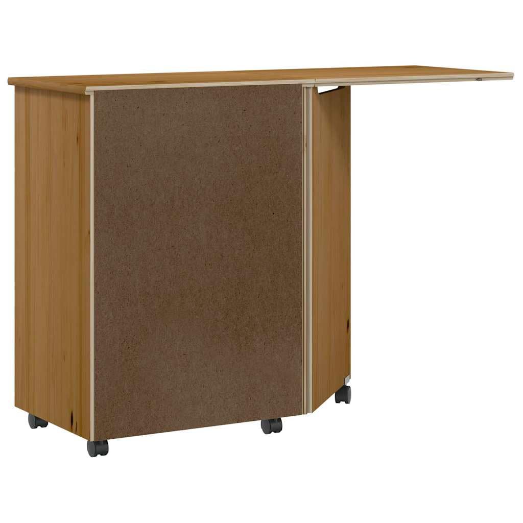 Moss - Armadio a rotelle con scrivania in legno di pino massiccio, segretario con 7 cassetti, tavolo pieghevole per ufficio e soggiorno, colore: marrone miele e bianco, 105,5 x 39 x 74,5 cm