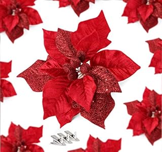 Christmas Glittery Flower Ornaments 23CM Red Artificial Poinsettia Large Glitter Decorations for Christmas Tree Wreaths, 10 Pcs
