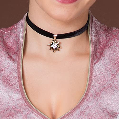 Alpenflüstern Trachten-Samt-Kropfband Strass-Edelweiß klein altgoldfarben - Trachtenkette enganliegend, Kropfkette elastisch, Damen-Trachtenschmuck, Samtkropfband schmal schwarz DHK240
